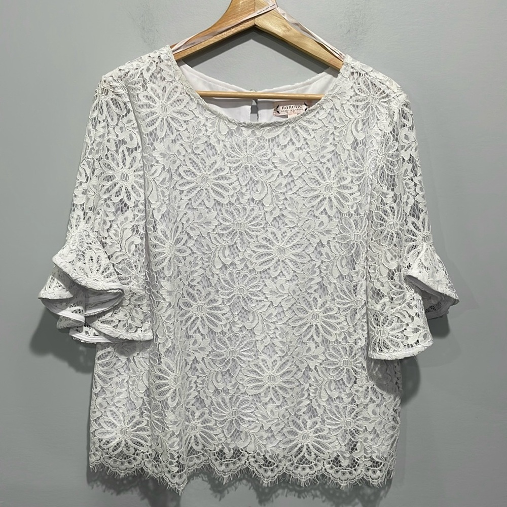 Nanette Lepore lace blouse top white size large flare short sleeve